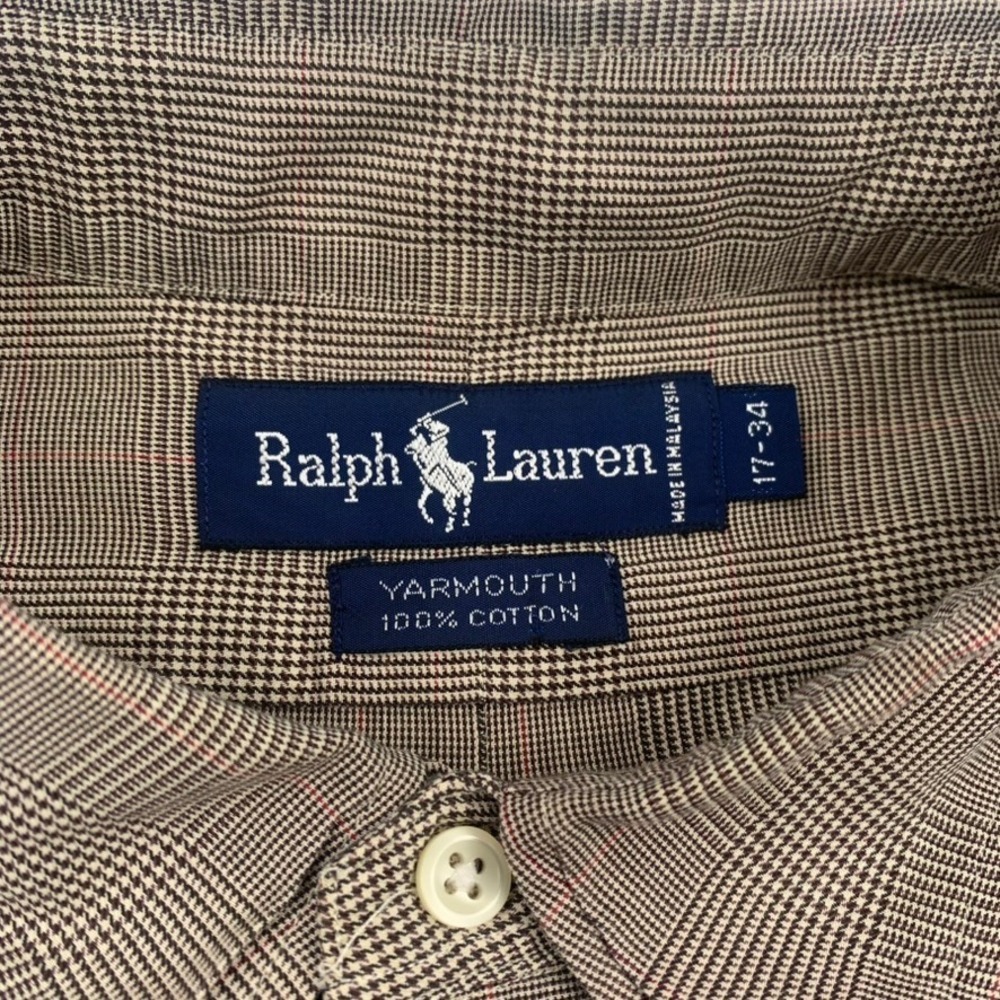 Polo Ralph Lauren Yarmouth Shirt Mens 17-34 Brown Glen Plaid Cotton Logo READ - Picture 2 of 9